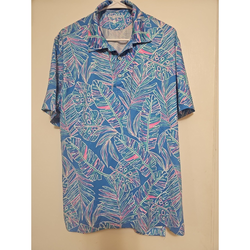 Chubbies Men Sz L Weekend Blue Pink White Leaf Print Polo Shirt Short Sleeve